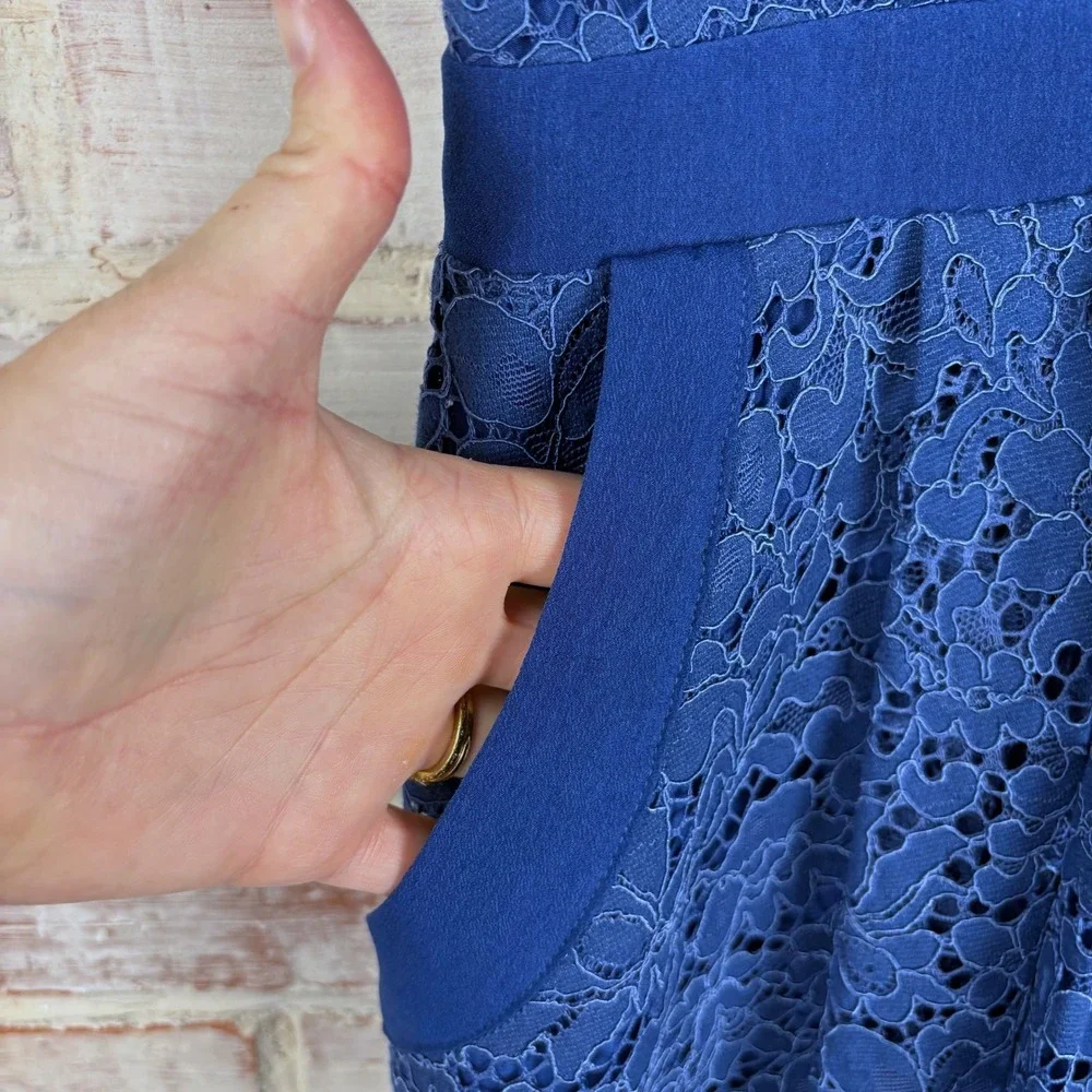 Free People Lovely in Lace Cobalt Mini Dress XS V-Neck Crossover Keyhole Pockets